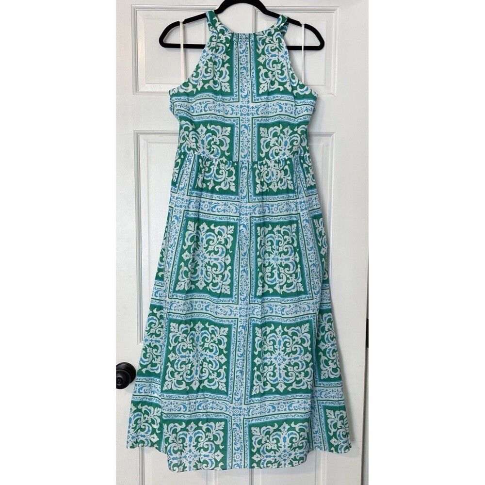 Talbots Maxi Dress 10P Green Blue Halter Medallion Fit Flare Preppy Resort Beach